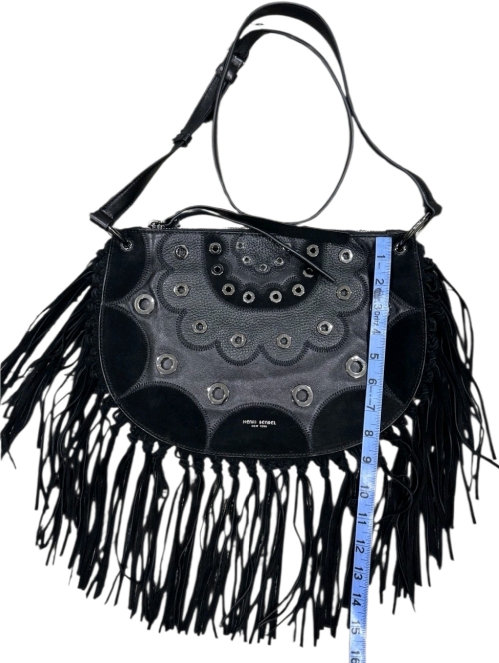 Henri Bendel Dylan Black Fringe Leather Hobo Rivet Crossbody Bag + Dustbag - Picture 5 of 15